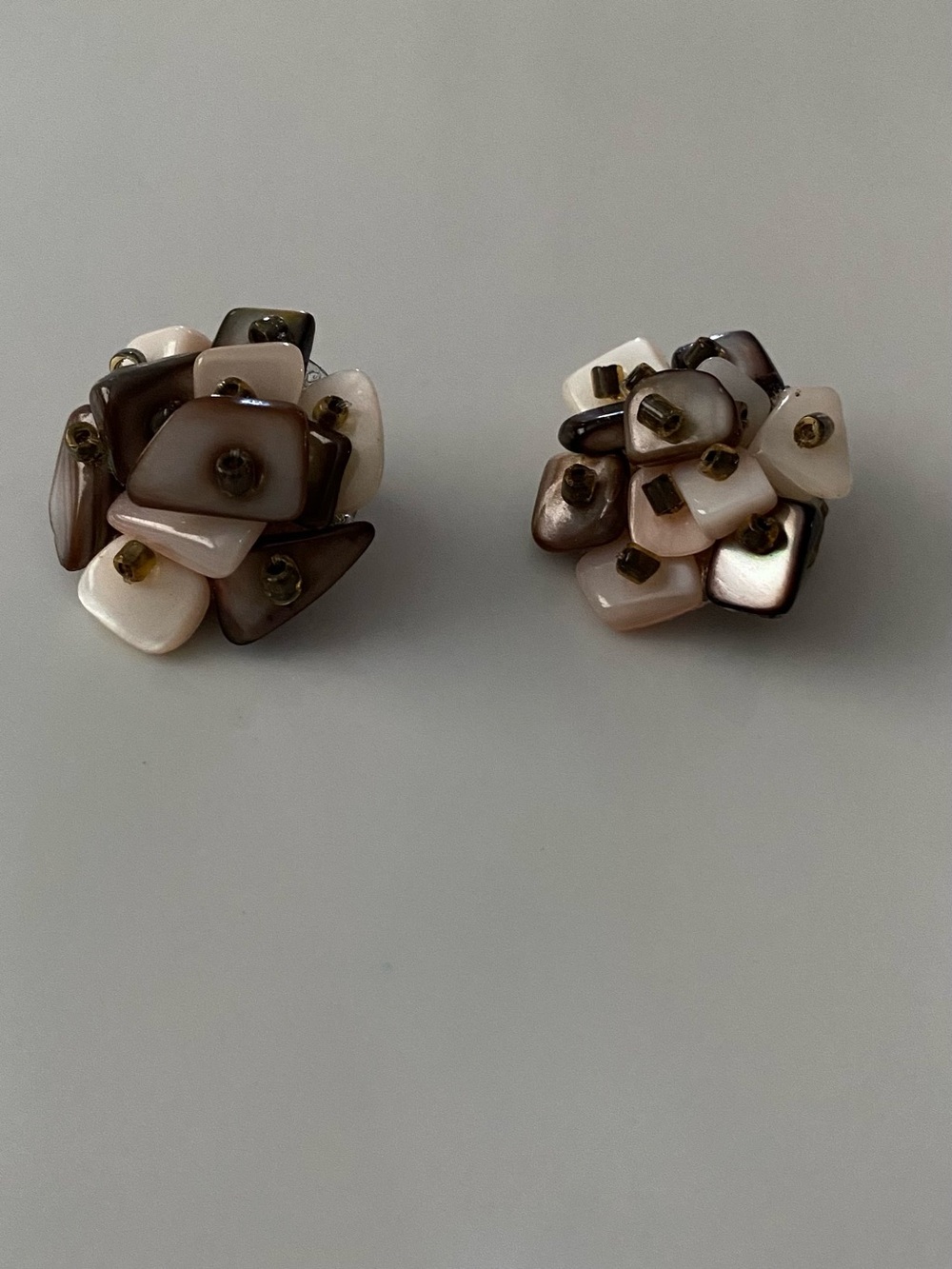 Cluster Shell Bead Clip-On Earrings in Cream and Brown